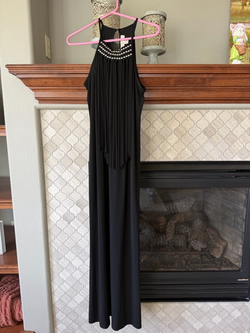 Michael Kors Black Beaded Halter Dress with Silver Accents